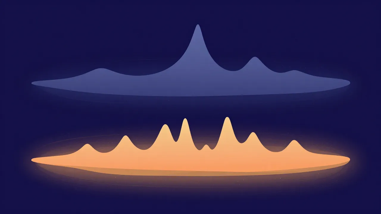 Flat illustration comparing two waveforms: an upper quiet one dominated by a single tall spike, and a lower one filled evenly across its whole length