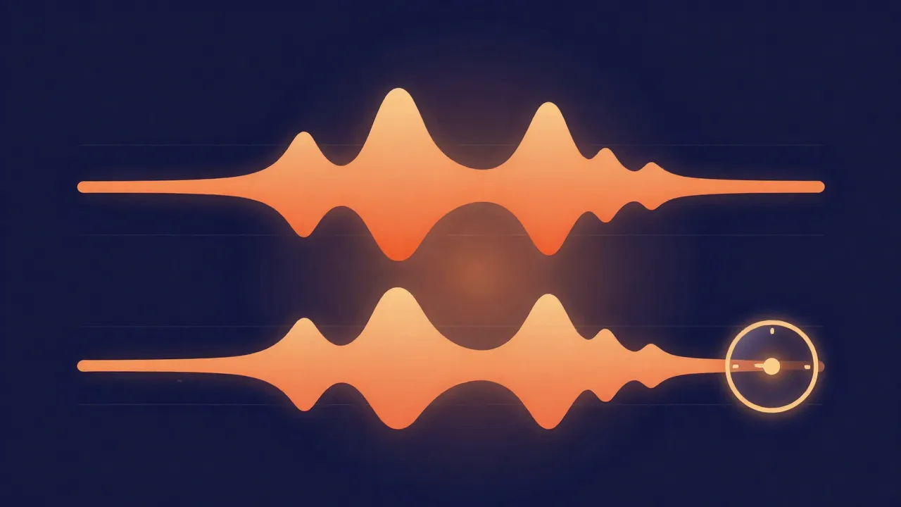 Flat illustration of an uneven waveform being leveled to a consistent target band next to a loudness meter