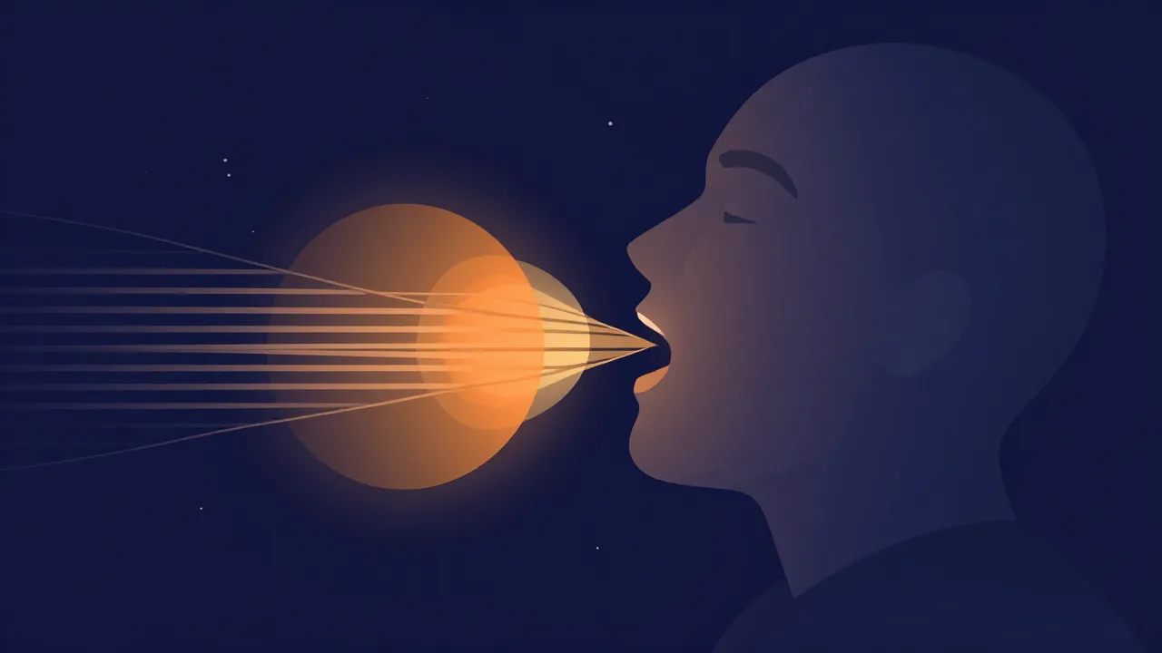 Flat illustration of a singer's head in profile with a glowing resonance shape held in place at the mouth while harmonic lines stream outward, representing formants staying fixed as pitch moves