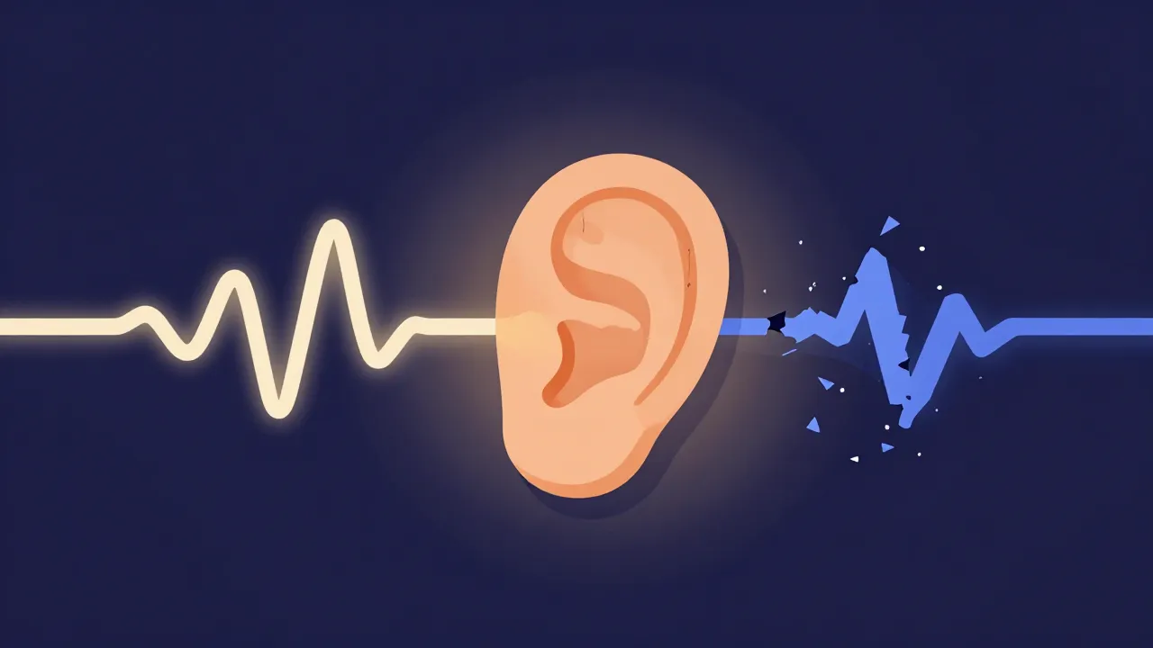 Flat illustration of an ear between two waveforms, a smooth glowing one on one side and a frayed waveform breaking into jagged shards on the other