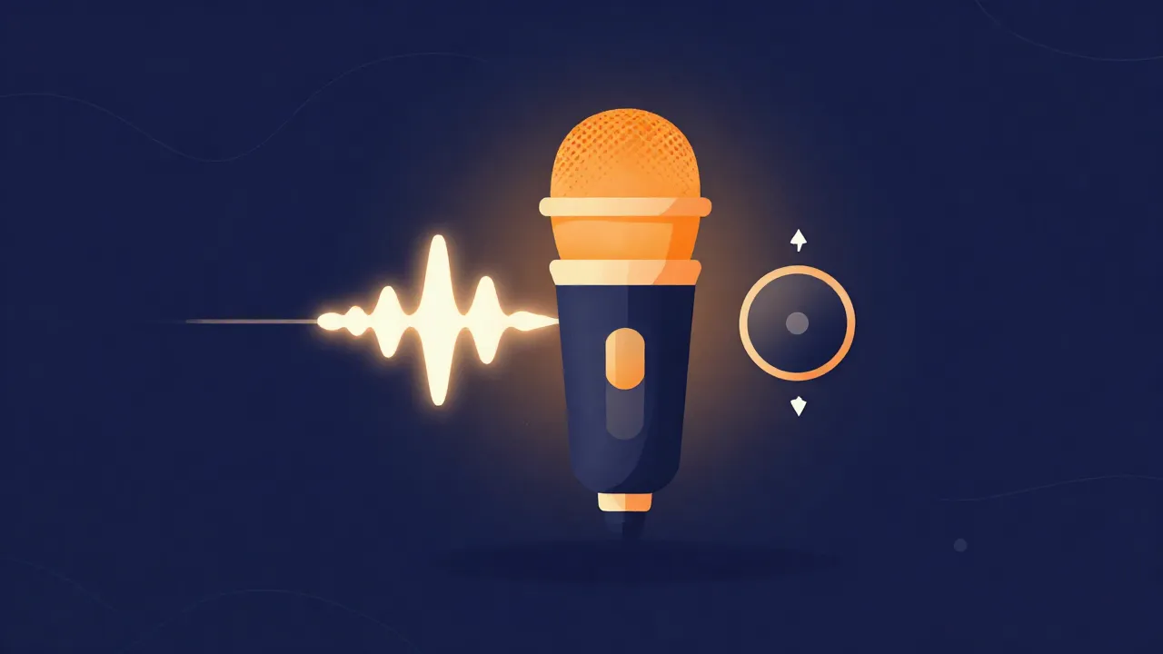 Flat illustration of a microphone and vocal waveform beside a pitch dial with up and down arrows