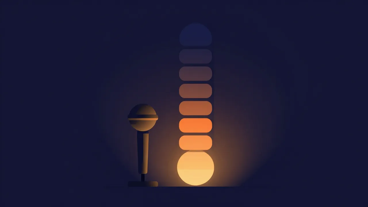 Flat illustration of a microphone beside a vertical segmented level meter lit through its lower segments, with the top segments left dark to show headroom