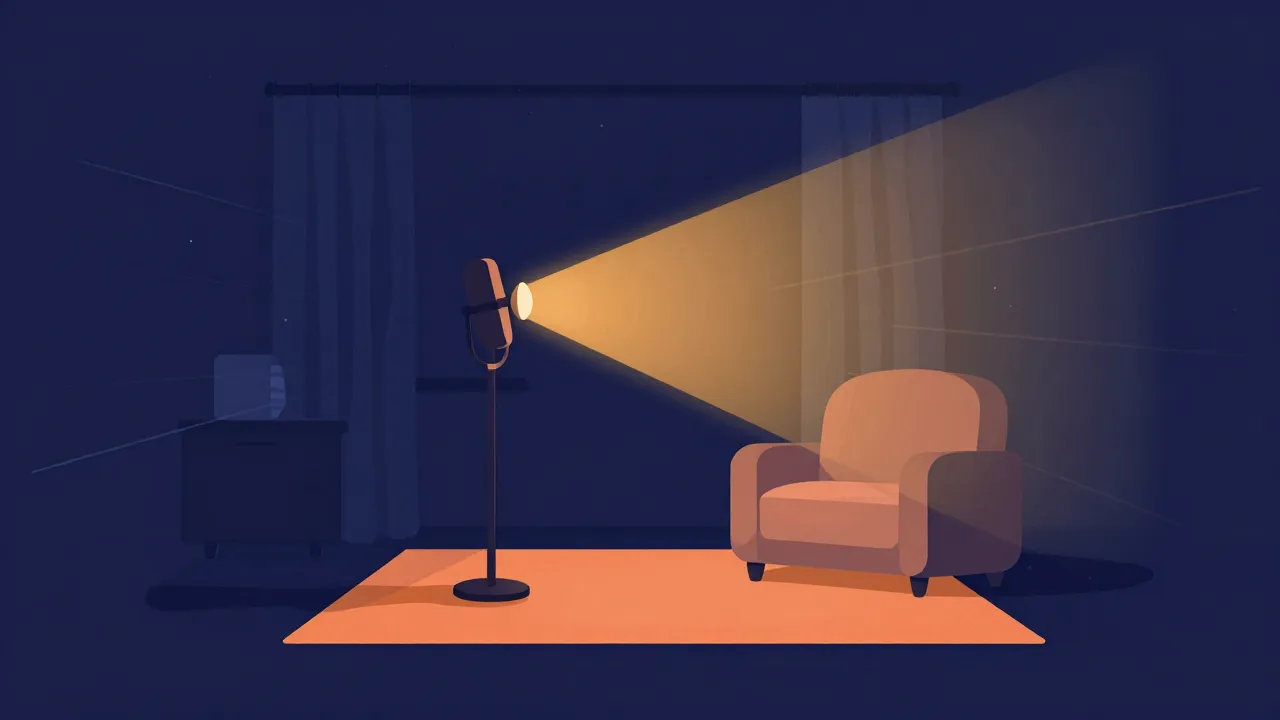 Flat illustration of a microphone in a soft furnished room with a rug, curtains, and an armchair, warm sound projecting from the mic while faint reflections are absorbed by the furnishings