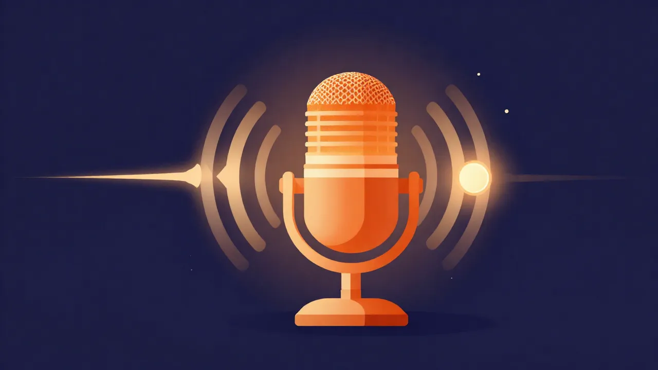 Flat illustration of a microphone with sound rings and a live waveform being captured, with a glowing record indicator