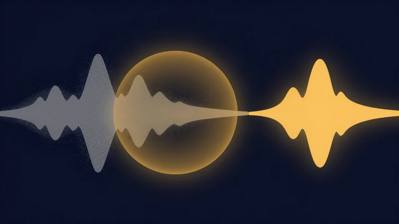 How to remove background noise from audio: a grainy waveform passes through an amber filter and comes out clean