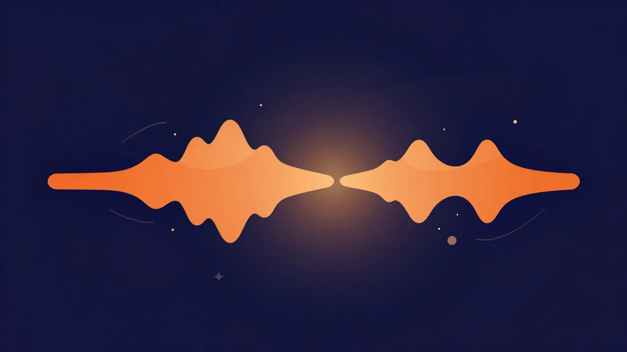 Flat illustration of two orange waveform segments sliding together, meeting at a soft glowing cushion of light instead of a hard abrupt cut