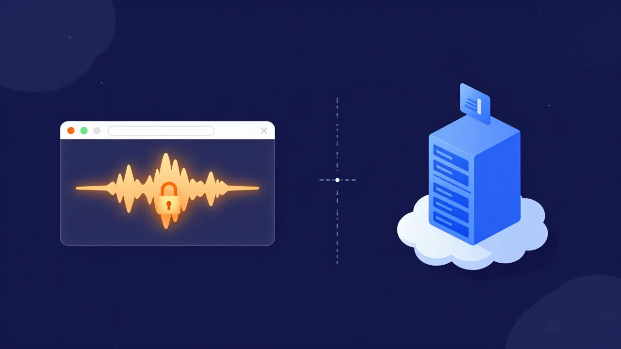 Flat illustration of two separate scenes: a sealed browser window holding a glowing audio waveform behind a padlock, and, entirely disconnected from it, a cloud server tower receiving an uploaded audio file.