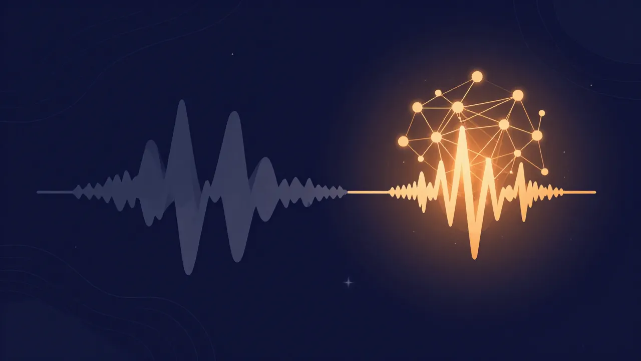 Flat illustration contrasting two approaches: on the left, stereo waveforms collapsing into a thin hollow line with ghostly vocal remnants still floating above it; on the right, a neural network cleanly lifting a bright vocal waveform away from an intact instrumental track.