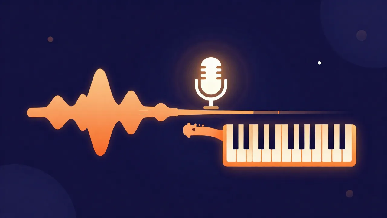 Flat illustration of a glowing audio waveform splitting into an isolated vocal microphone and a separate instrumental track