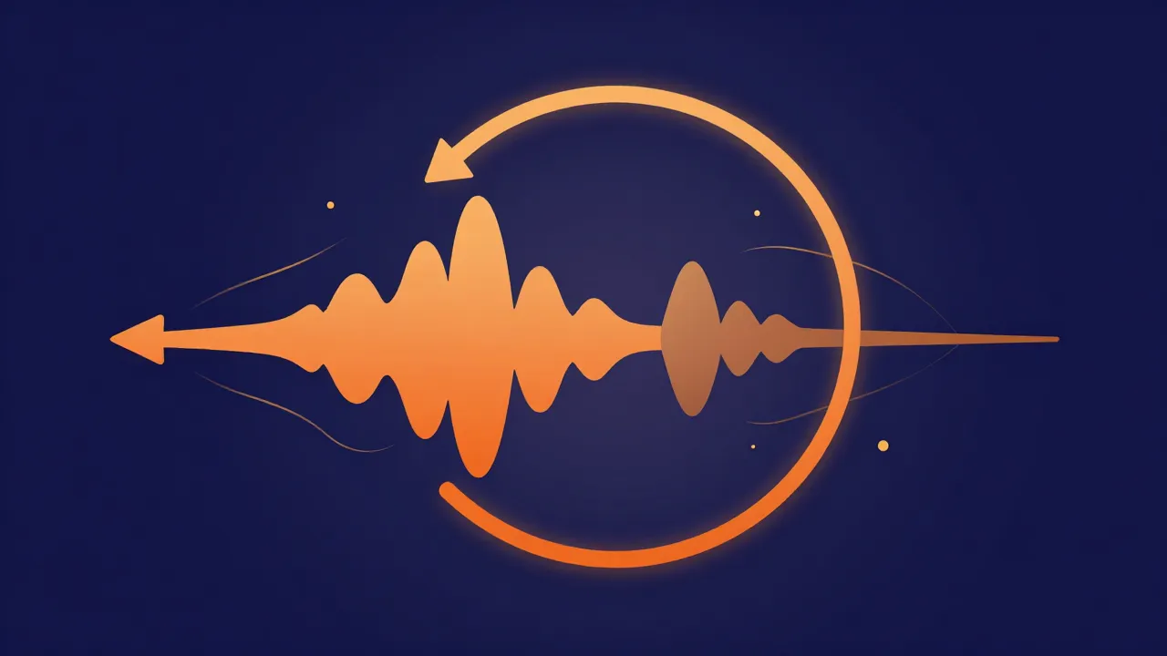 Flat illustration of an orange audio waveform pointing leftward with a large circular arrow curving backwards around it, the sound swelling into a bloom rather than trailing away