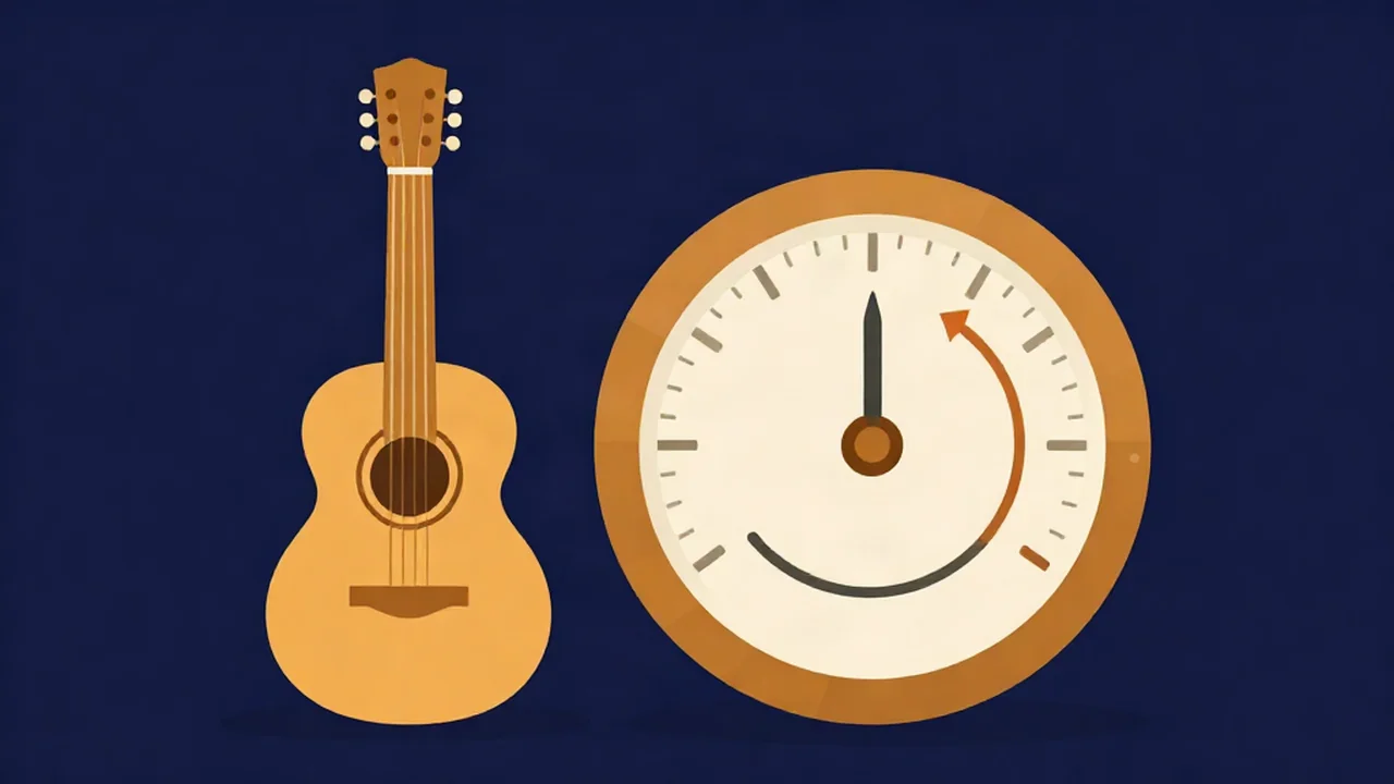 Acoustic guitar beside a tempo dial, illustrating how to slow down music to practice an instrument