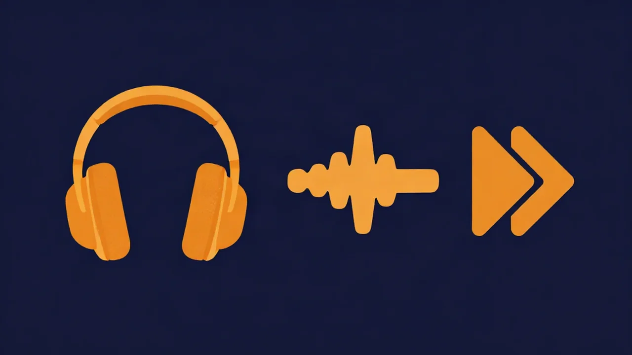 Headphones beside a spoken-word waveform being squeezed shorter under a fast-forward arrow, showing how to speed up a podcast or audiobook