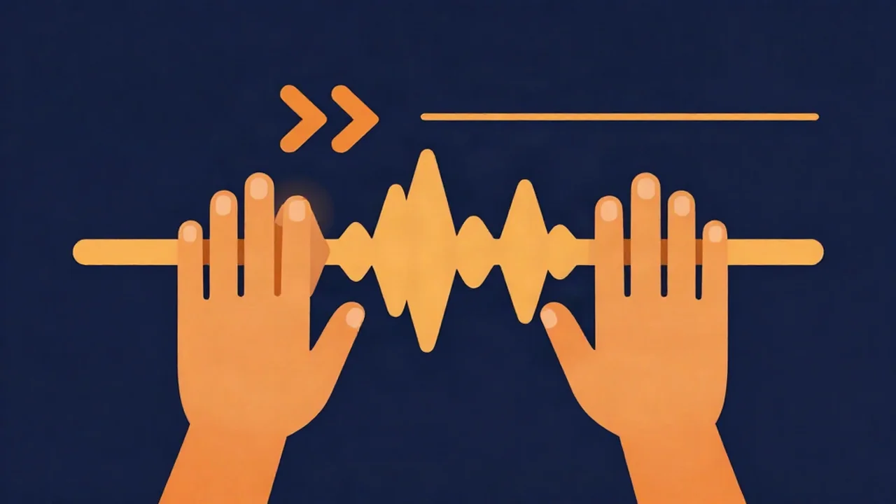 Hands compressing an amber waveform under a fast-forward arrow while the pitch line stays flat: a sped up song from a speed changer