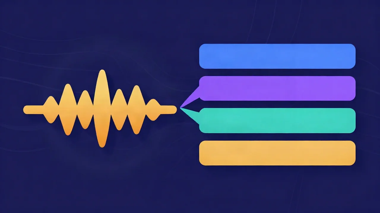 Flat illustration of a single stereo waveform fanning out into four separate colored tracks labelled vocals, drums, bass and other