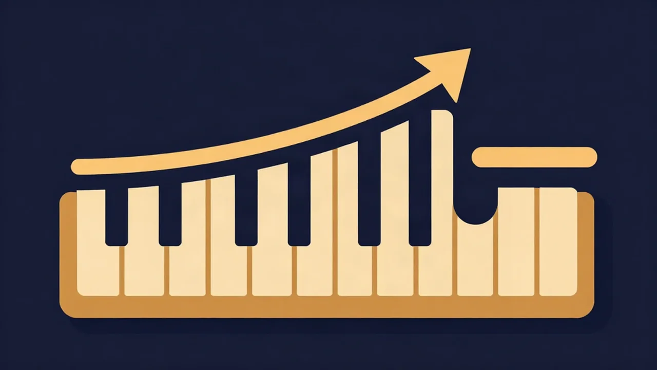 Pitch changer illustration: a piano keyboard with an arrow rising to transpose a song to a higher key