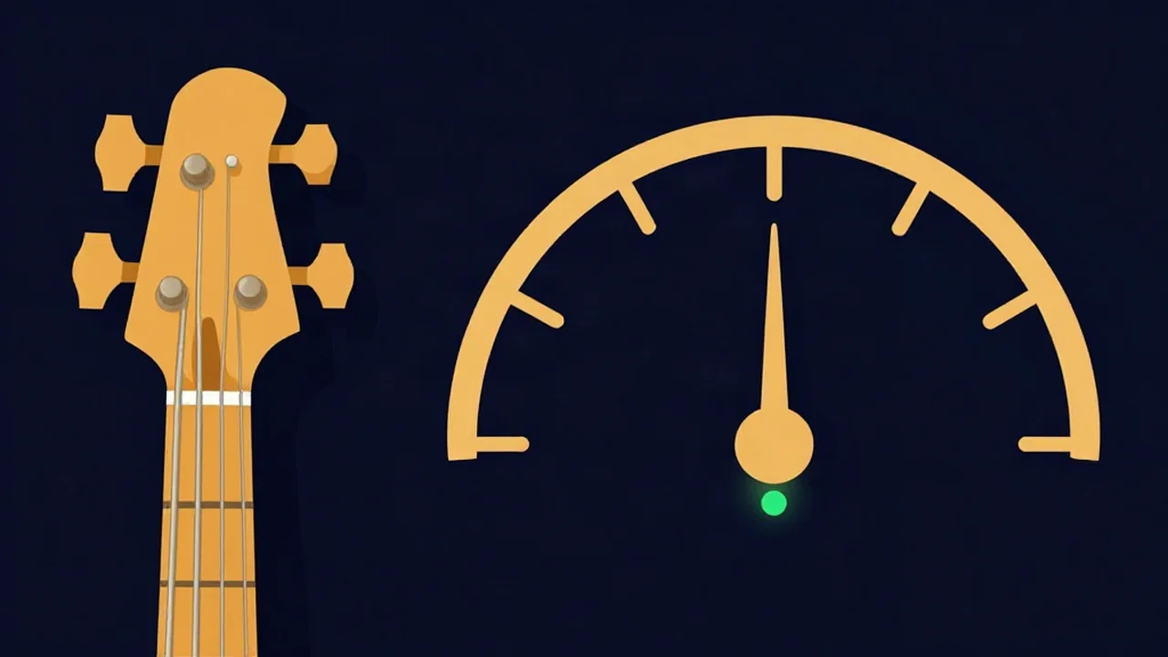 Bass guitar headstock with four tuning pegs beside a tuner gauge with its needle centred, illustrating an online bass tuner