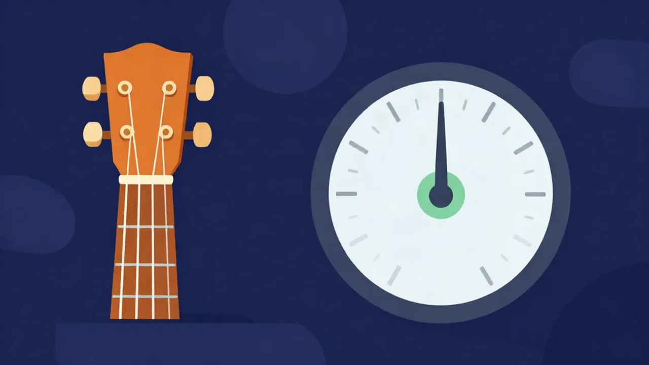 Ukulele headstock with four tuning pegs beside a tuner gauge with its needle centred, illustrating an online ukulele tuner