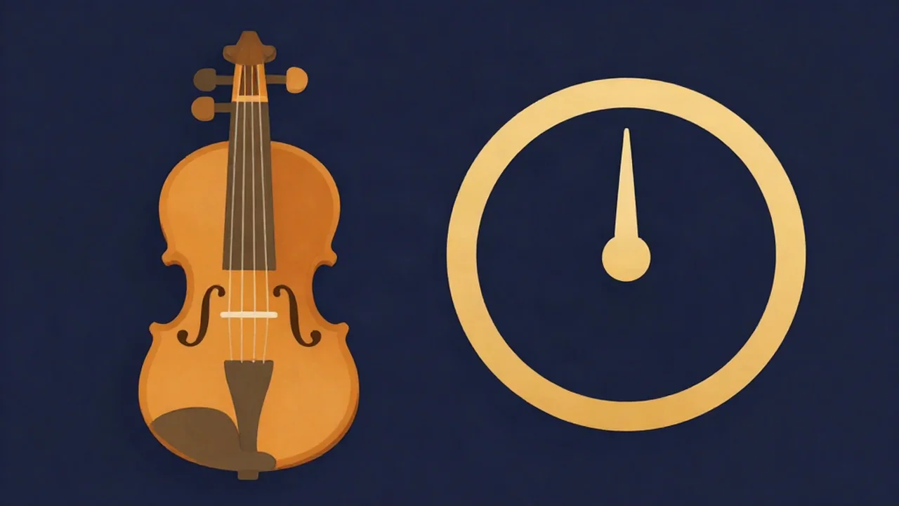 Violin scroll and pegbox beside a tuner gauge with its needle centred, illustrating an online violin tuner