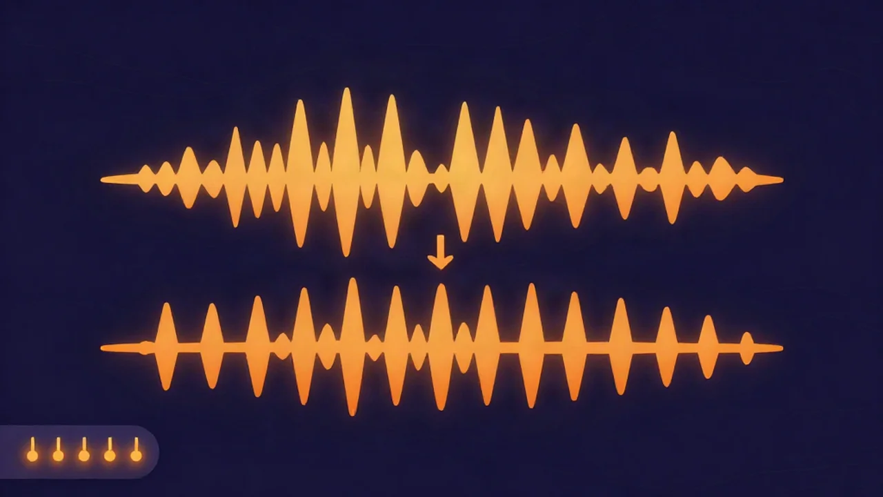 How to use a compressor on audio: an uneven amber waveform above and the same waveform evened out below, with compressor sliders