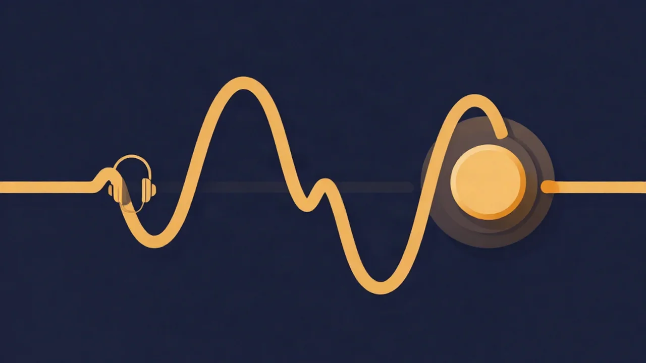 Online tone generator illustration: an amber waveform running from a headphone icon to a frequency dial on a navy background