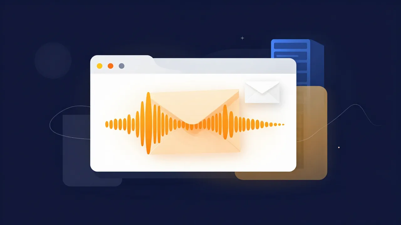 Flat illustration of a browser window holding an orange audio waveform and a sealed envelope, with a distant blue server tower sitting outside the window and nothing passing between them