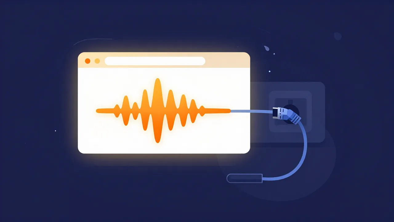 Flat illustration of a browser window still glowing with an active orange waveform while a network cable hangs unplugged from its socket beside it