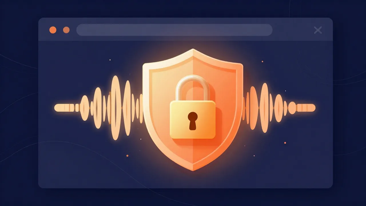 Flat illustration of a padlock and shield in front of a browser window showing an audio waveform, representing local privacy