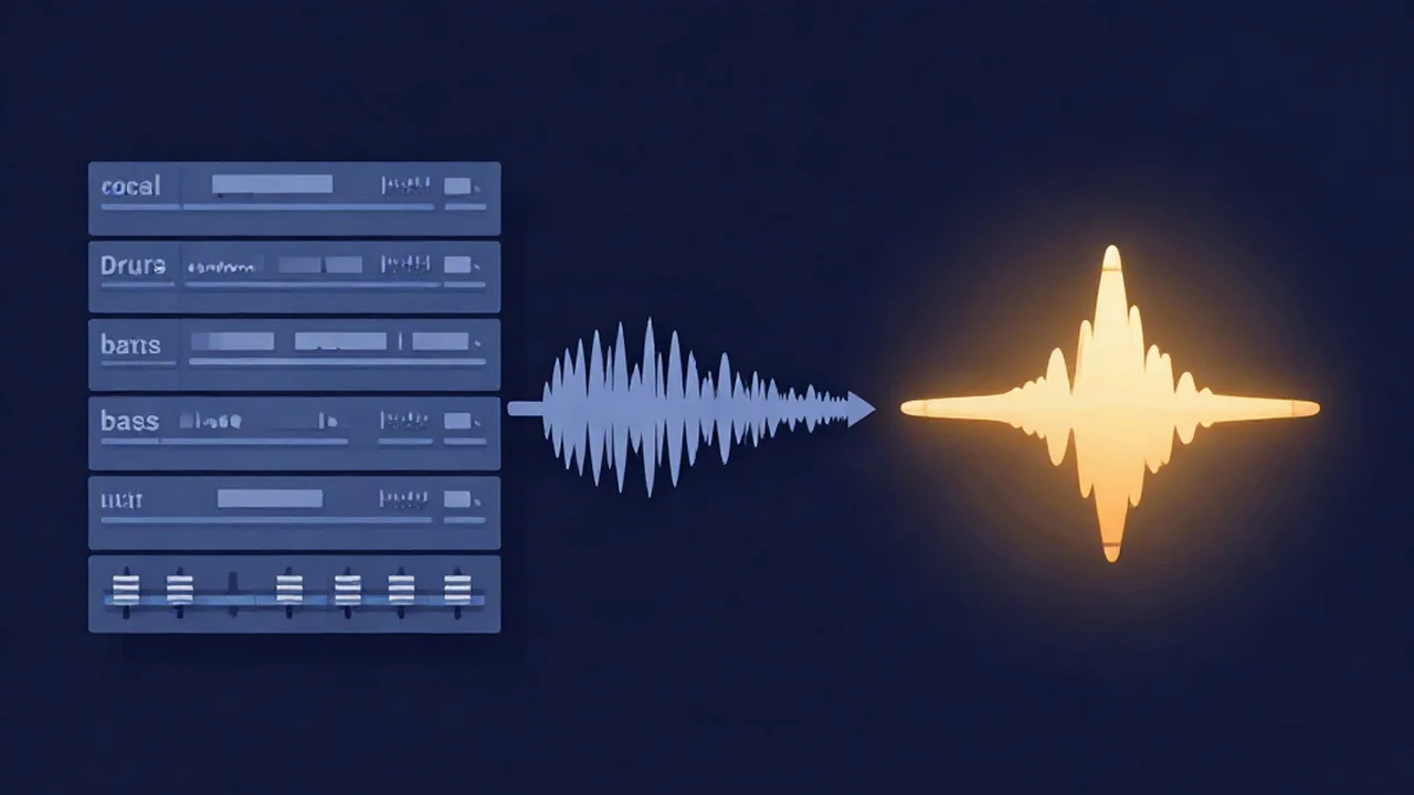 Mastering vs mixing diagram: many separate instrument tracks feeding a mixing stage, then one stereo file entering a mastering stage