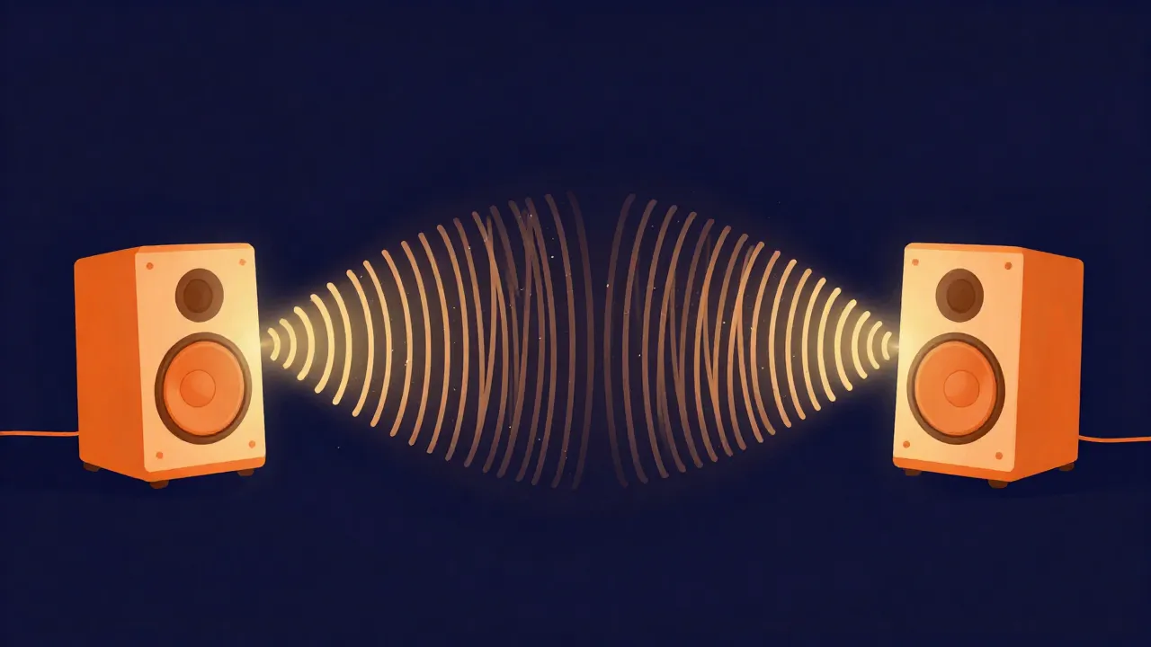 Flat illustration contrasting a single speaker emitting one sound line with two speakers emitting a wide immersive stereo field