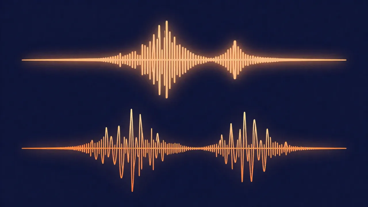 Top: a single glowing waveform. Bottom: two separate stacked waveforms representing left and right channels