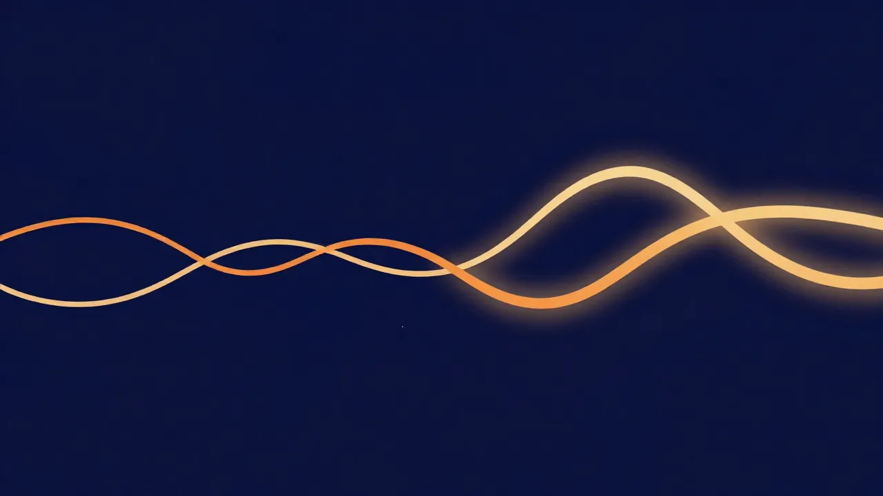 Two distinct wavy channel lines on the left weaving together into a single brighter line on the right
