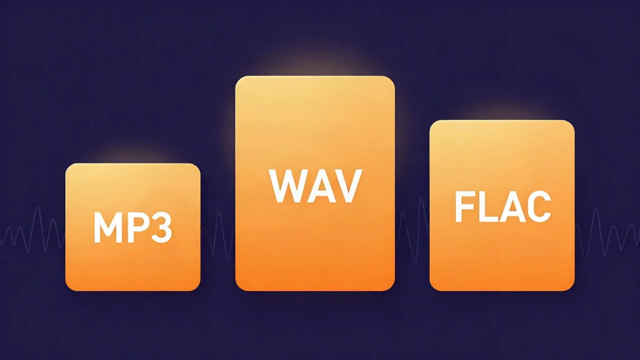 Flat illustration comparing the MP3 vs WAV vs FLAC audio formats side by side, showing the trade-off between file size and preserved audio detail