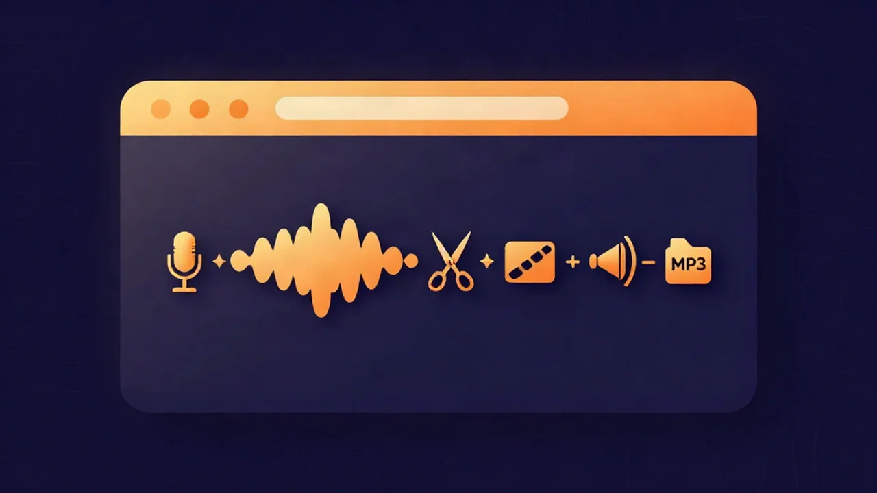 Flat vector illustration of a browser recording and editing a podcast waveform through cleanup, leveling, and MP3 export stages