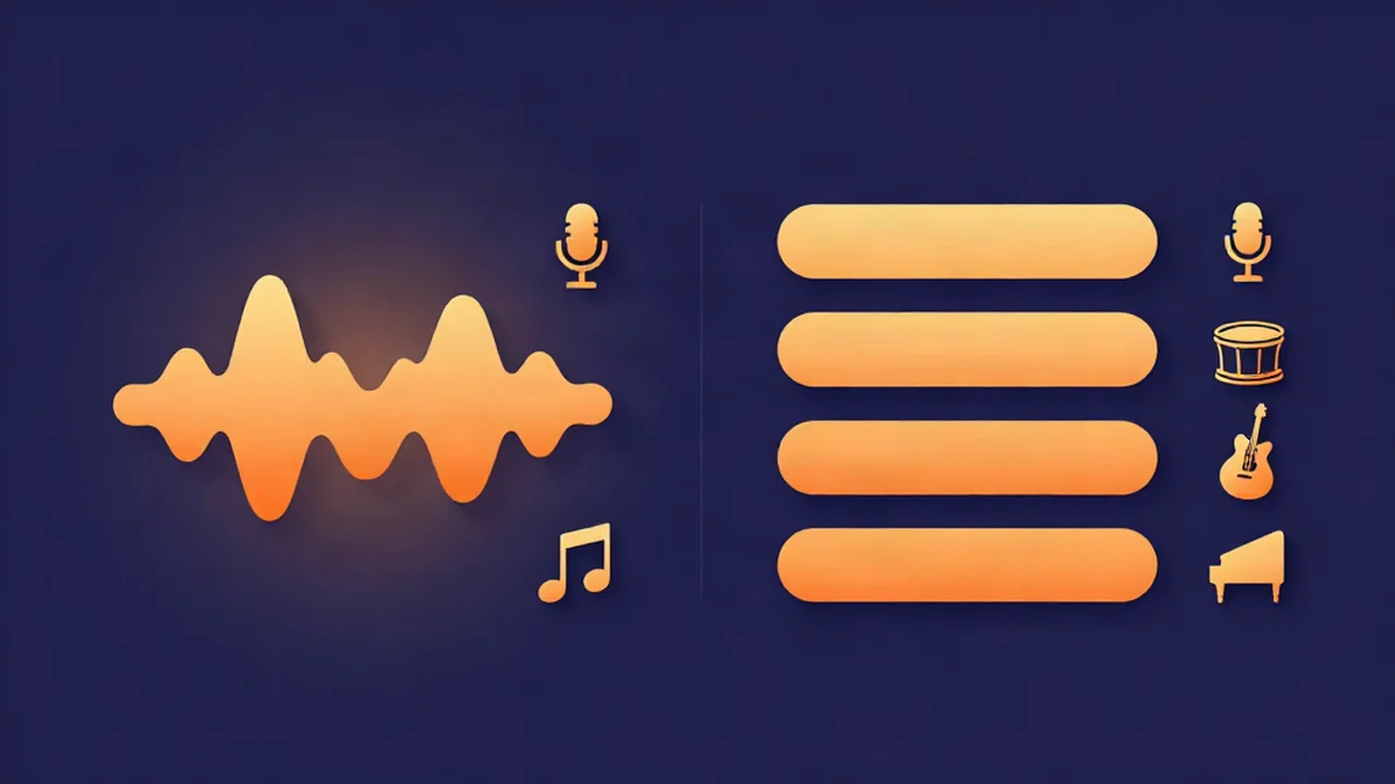 Flat illustration comparing a two-part vocal-and-instrumental split against a four-part vocals, drums, bass and other stem split