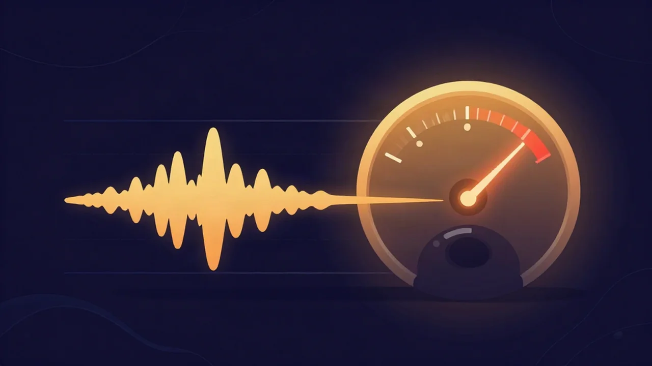 Flat illustration of two audio waveforms side by side, one dynamic and one squashed flat against the ceiling, over a warm loudness meter