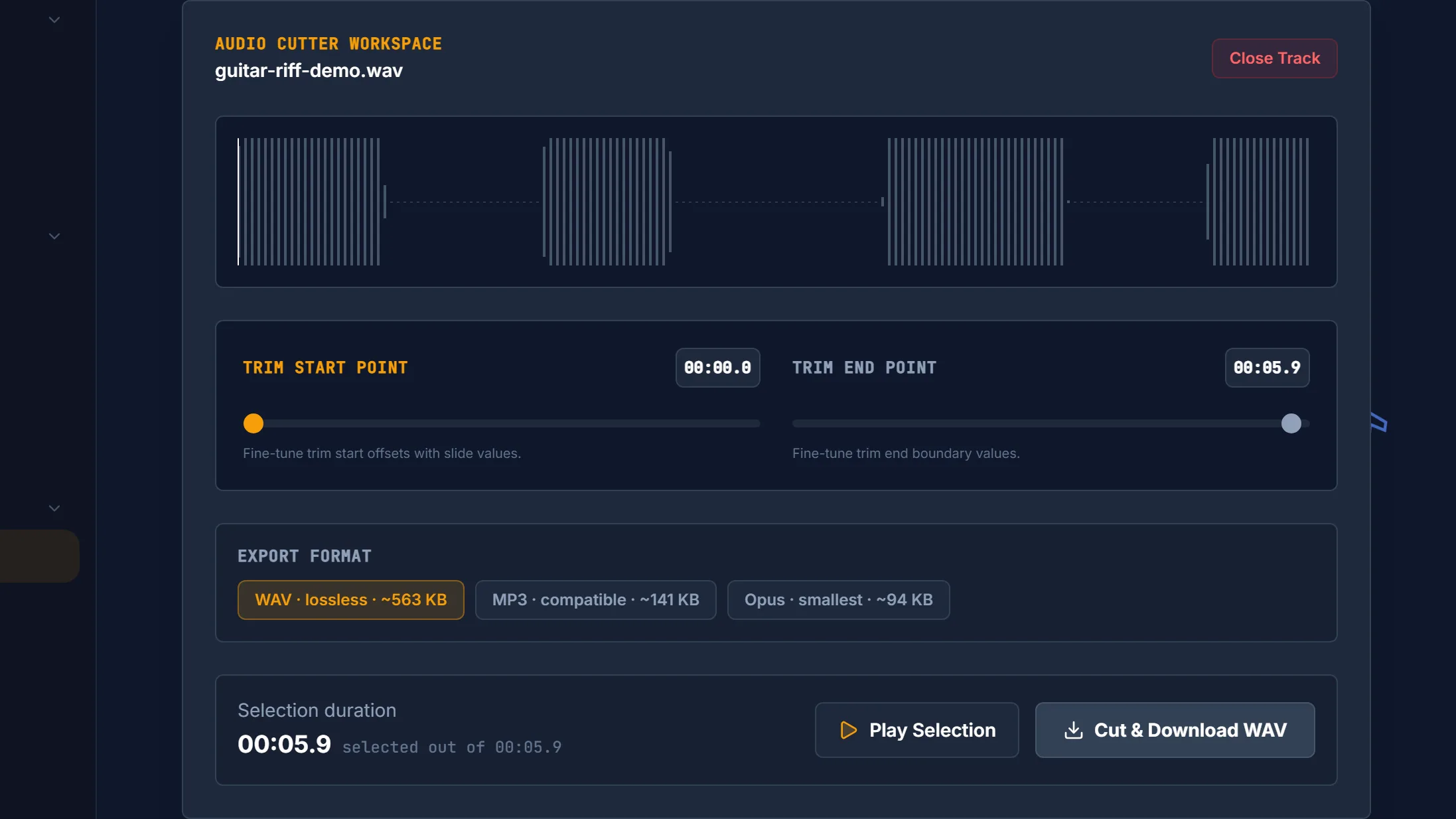 Screenshot of the Vocal Cut audio cutter with a clip loaded: the waveform is shown above trim start and trim end points of 00:00.0 and 00:05.9, with a selection duration readout and export format options for WAV, MP3 and Opus.