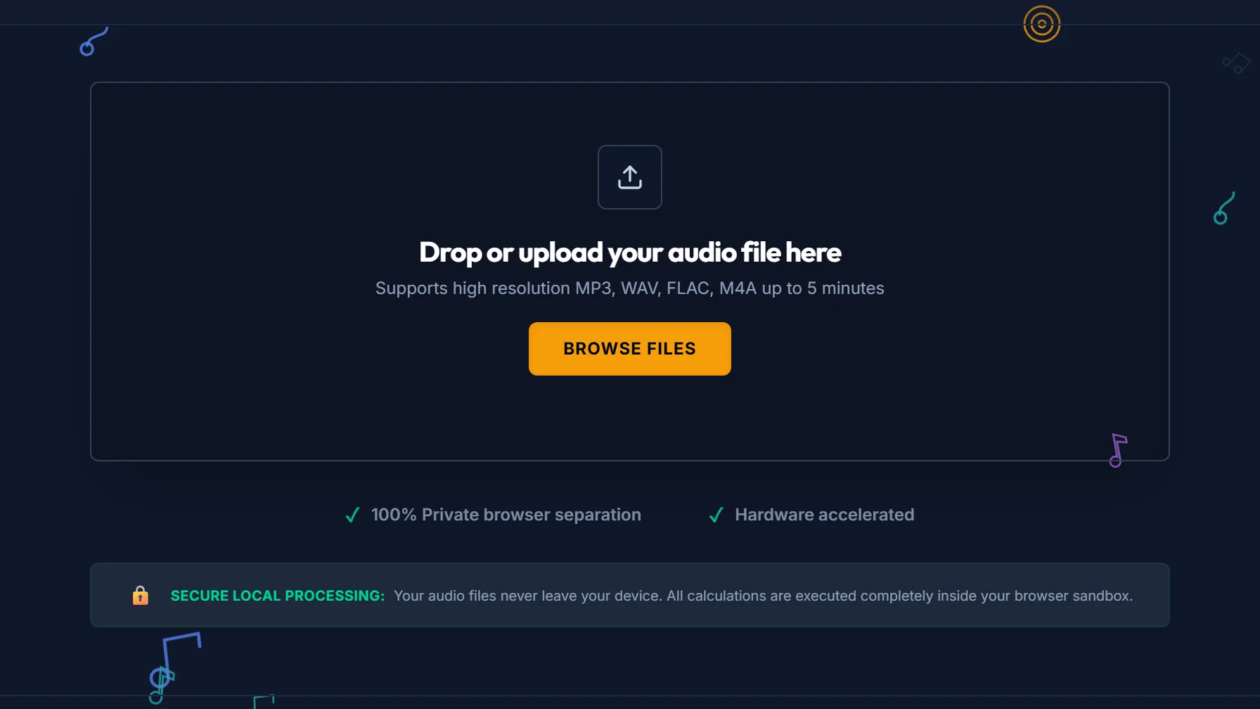 Screenshot of the Vocal Cut vocal remover: a drop area reading Drop or upload your audio file here with a Browse Files button, noting support for MP3, WAV, FLAC and M4A, alongside labels for 100% private browser separation and hardware acceleration.
