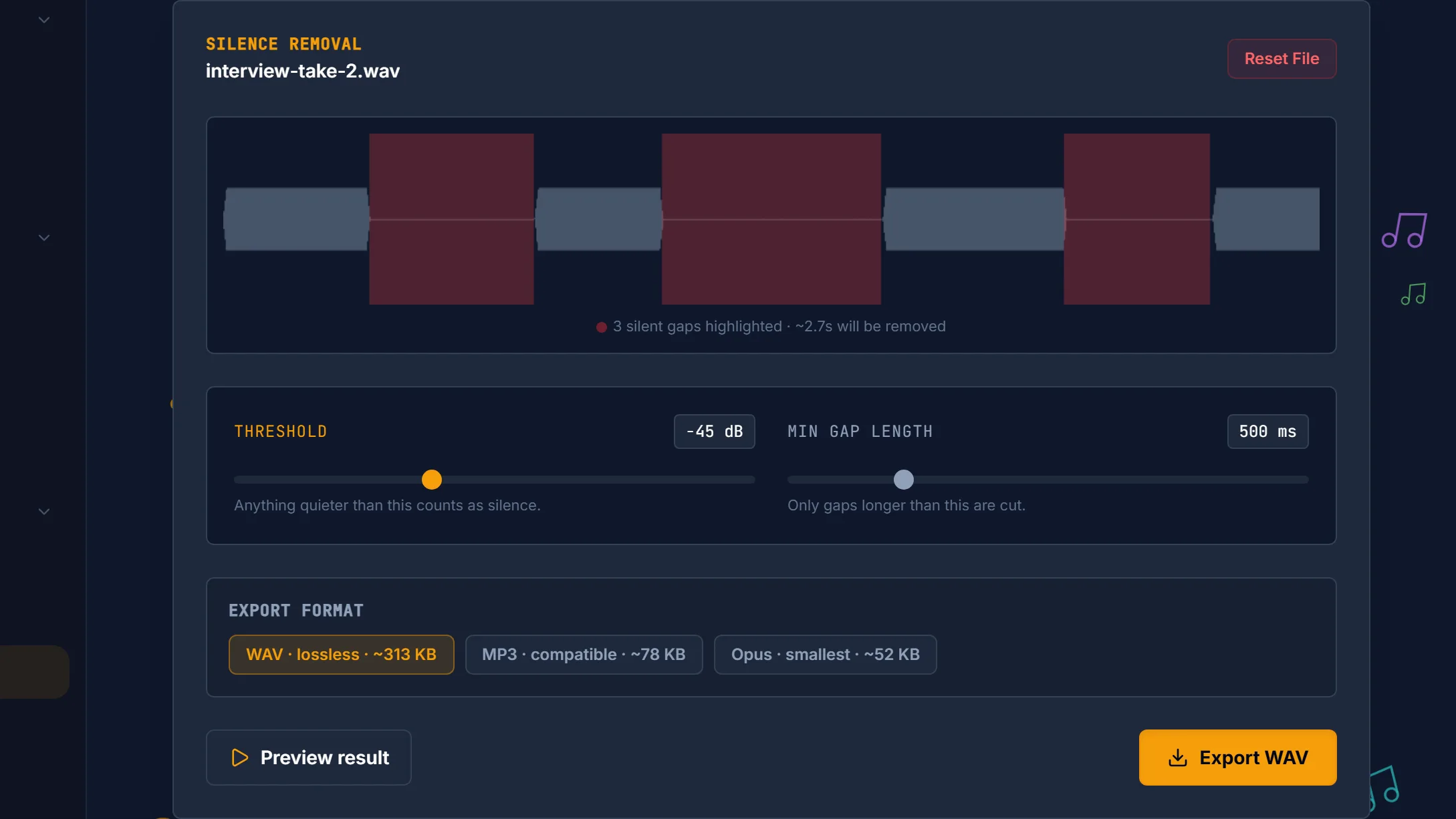 Screenshot of the Vocal Cut silence remover with a recording loaded: the waveform shows three quiet stretches highlighted in red and labelled 3 silent gaps highlighted, about 2.7 seconds will be removed, with the threshold set to minus 45 dB and the minimum gap length set to 500 ms.