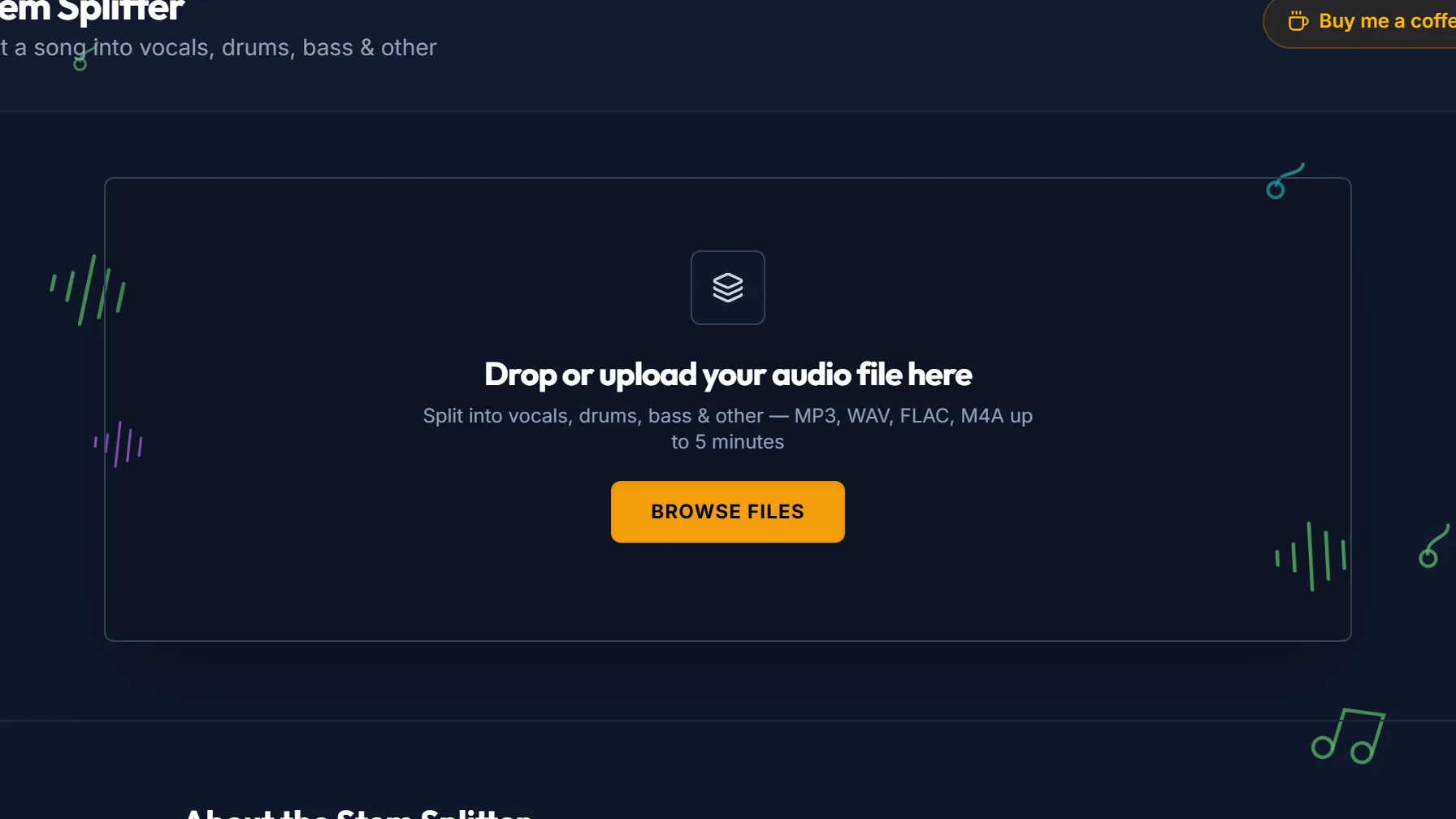 Screenshot of the Vocal Cut stem splitter: a drop area reading Drop or upload your audio file here with a Browse Files button, above a note that separation runs locally in the browser.