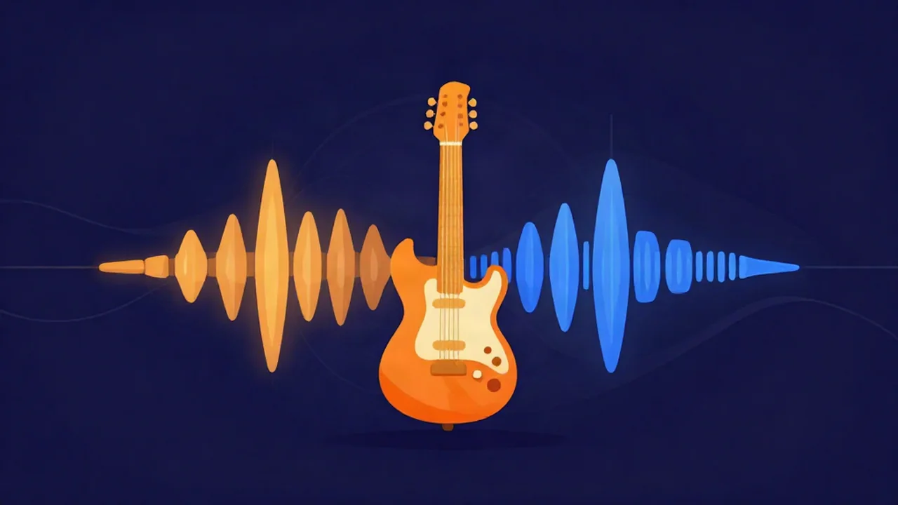An AI vocal remover splitting a rock band recording into a vocal stream and an instrumental music stream