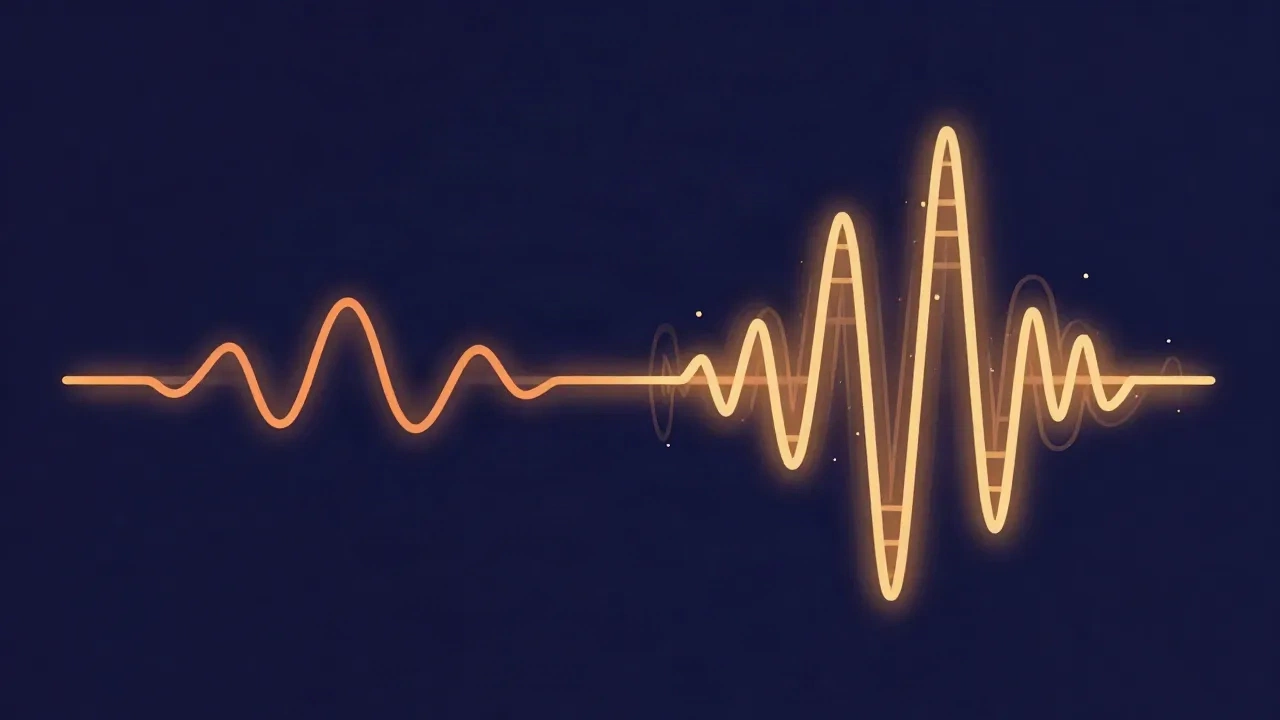 Flat illustration on a deep navy background of two glowing gold waveforms side by side, a smooth simple wave on the left and a more complex rippling wave on the right, evoking two instruments playing the same note with different tone