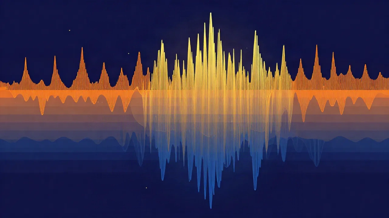 Flat illustration on a deep navy background of stacked frequency regions rising from deep wide blue waves at the bottom through mid tones to fine tight bright orange and gold wavelets at the top, evoking the audible frequency spectrum from low to high