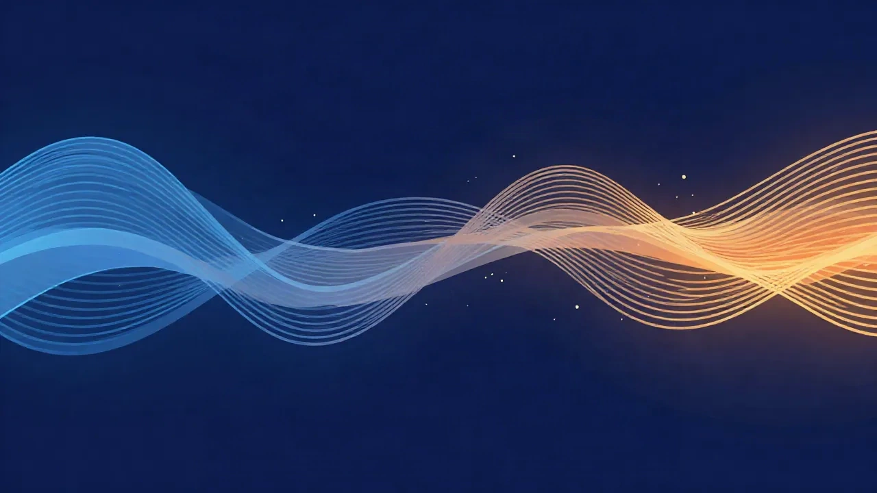 Flat illustration of a spectrum sweeping from slow wide blue waves on the left to fast tight orange waves on the right on a deep navy background, evoking low to high audio frequency