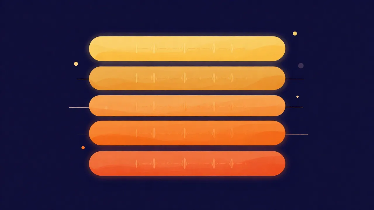 Flat illustration of four to five horizontal rounded bars stacked vertically, each a different warm accent colour with a faint waveform pattern inside, on a deep navy background, representing separate stacked stems