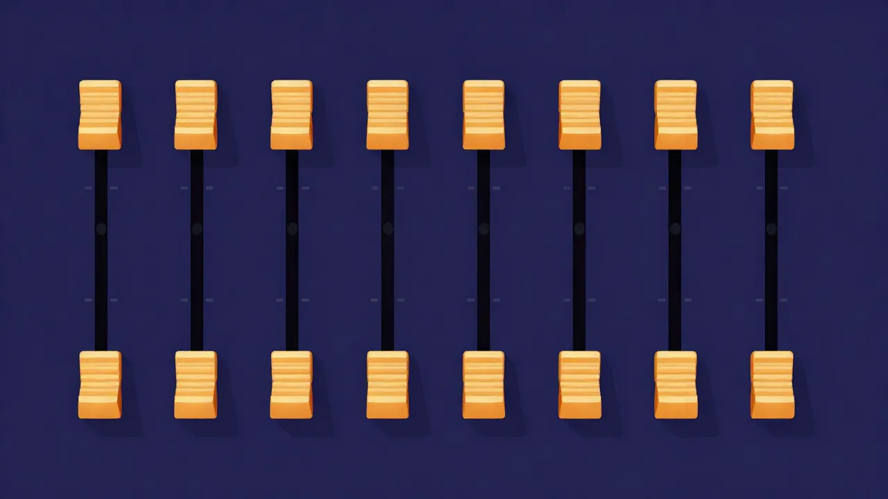 Flat illustration of a mixing console seen from above with a row of separate vertical channel strips, each with faders in warm gold and orange tones on a deep navy background