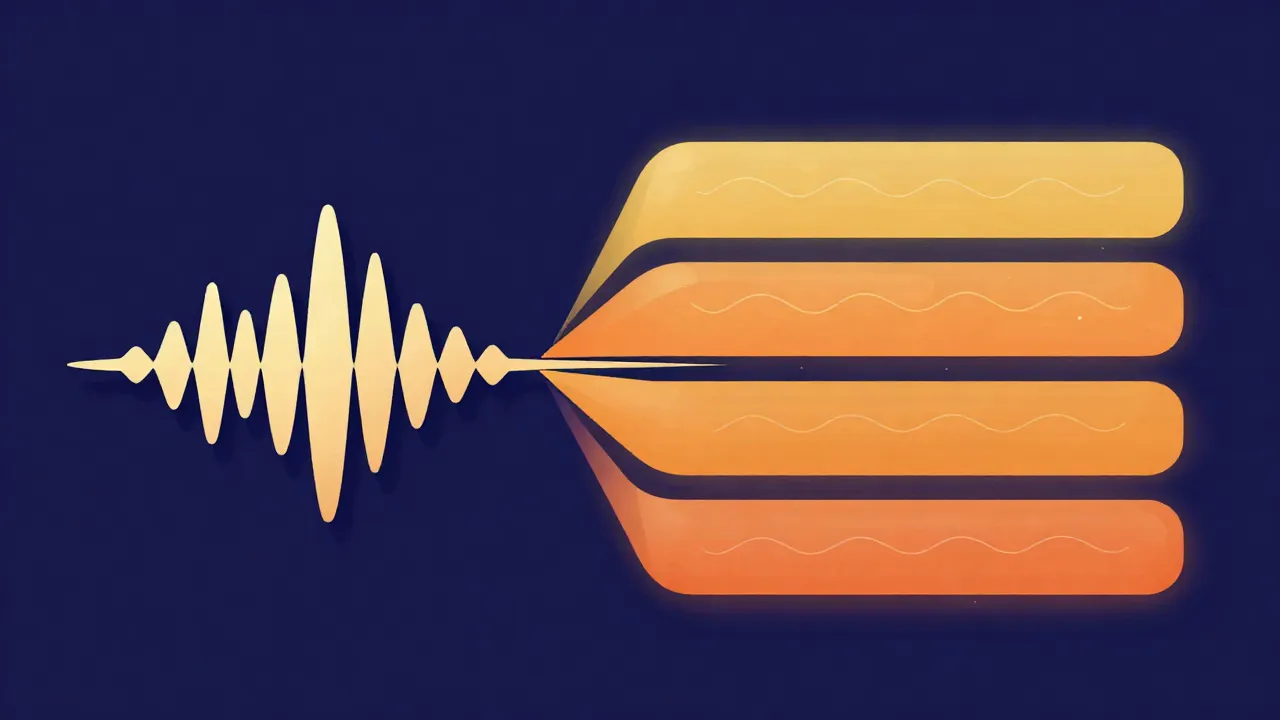 Flat illustration of a single song waveform on the left fanning out into four stacked coloured layers on the right, representing separate audio stems