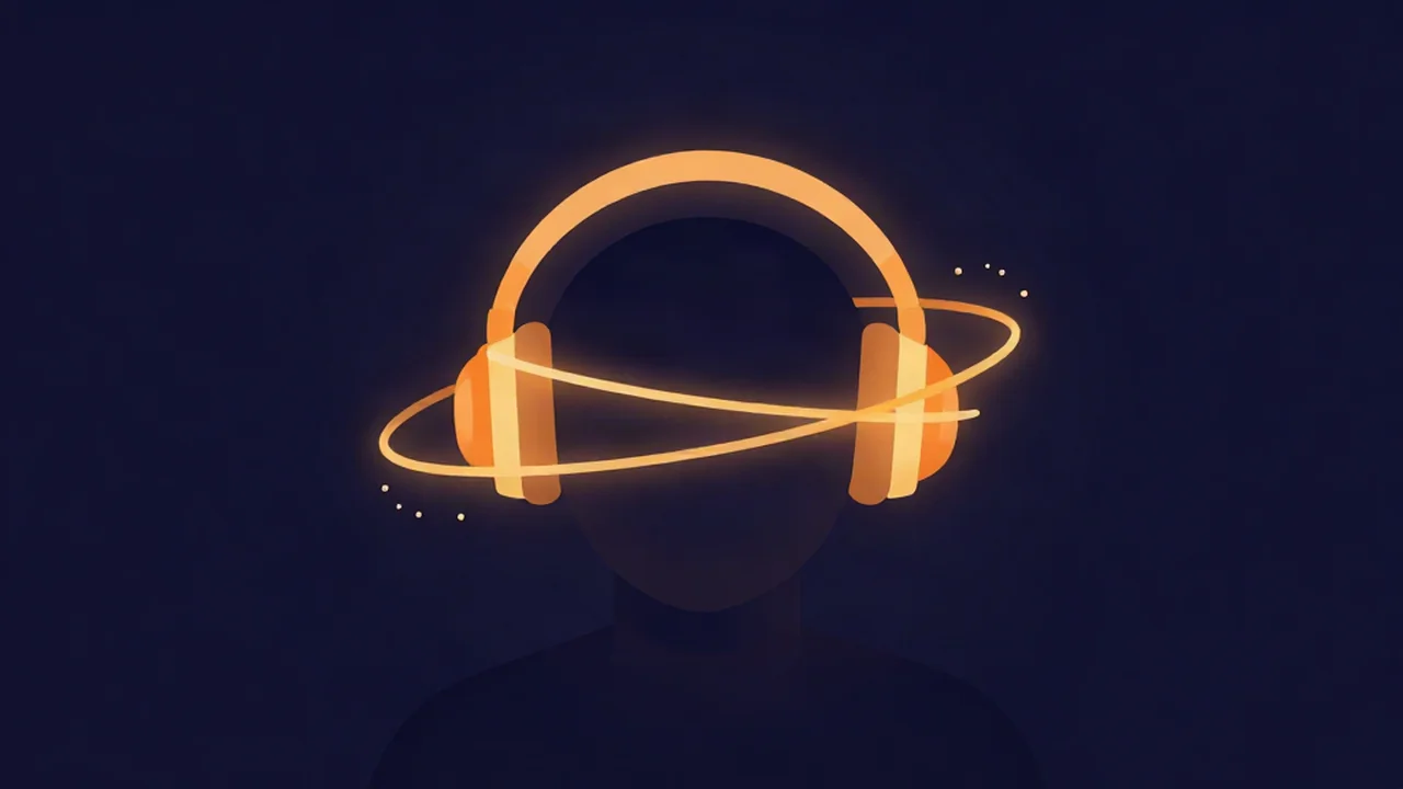 Listener in headphones with a glowing amber ring circling their head, illustrating how 8D audio moves around you