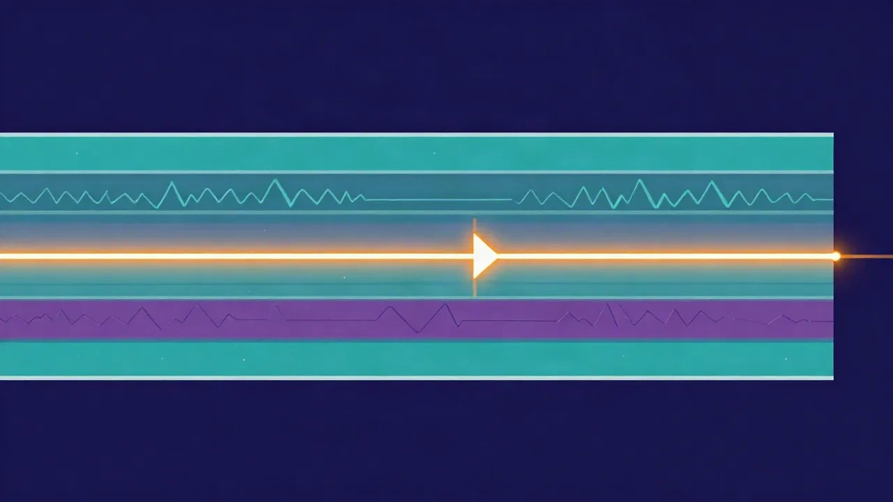 Flat illustration of a DAW timeline with several stacked audio and MIDI tracks arranged over a grid
