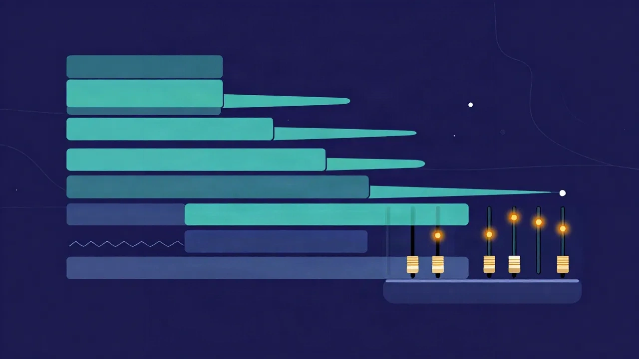 Flat illustration of a multitrack timeline with stacked coloured track lanes beside a mixer of vertical faders, deep navy background with orange glow