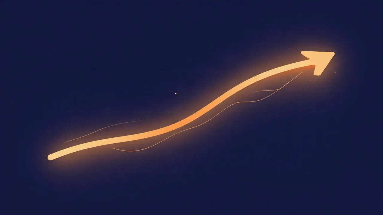 Flat vector illustration of a glowing orange curve rising smoothly from lower left to upper right against a deep navy background, suggesting a logarithmic scale, with faint grid lines and scattered dots